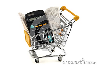 French cash receipt in supermarket trolley with calculator on white background Editorial Stock Photo