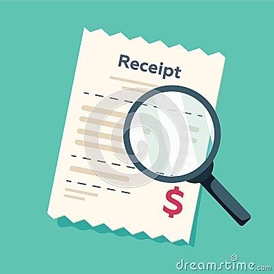 Receipt icon with magnifying glass. Studying paying bill. Payment of goods,service, utility, bank, restaurant. Invoice Vector Illustration