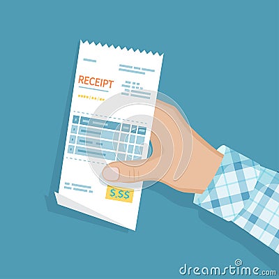 Receipt in man hand. Icon sales shopping check, bill, invoice, order. Paying bills. Payment of goods,service, utility, restaurant. Vector Illustration