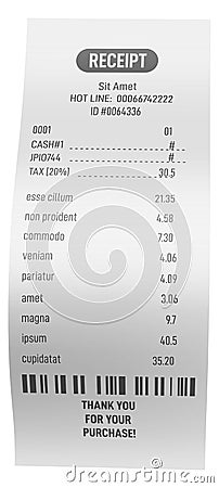 Receipt mockup. Realistic paycheck. Supermarket paper bill Vector Illustration