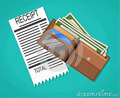 Receipt, money cash with dollar banknotes Vector Illustration