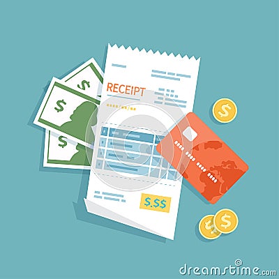 Receipt with money, credit card, gold coins. Paper check, invoice, bill, order. Payment of goods, service, utility, restaurant. Vector Illustration