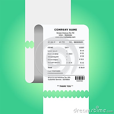 Receipt. Paper check. Financial document. Cash register tape. Flat cartoon invoice design template. Bill and tax information. Stock Photo