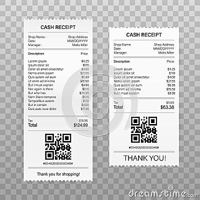Receipts vector illustration of realistic payment paper bills for cash or credit card transaction. Vector illustration. Vector Illustration