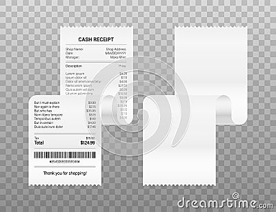 Receipts vector illustration of realistic payment paper bills for cash or credit card transaction. Vector stock illustration Vector Illustration