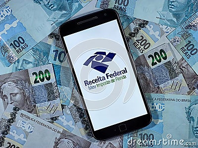 Receita Federal - Meu imposto de Renda (Brazilian Federal Revenue Department) logo on smartphone screen Editorial Stock Photo