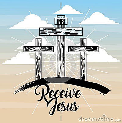 Receive jesus three cross sky light catholicism Vector Illustration