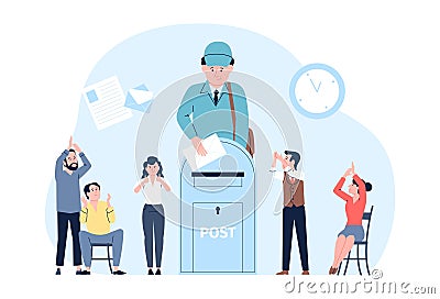 Receiving business letter. Team happiness getting news, e-mail or post service man. Postman delivered information Vector Illustration