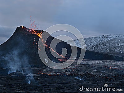 Recently erupted volcano in Geldingadalir valley near Fagradalsfjall mountain, GrindavÃ­k, Reykjanes, southwest Iceland. Stock Photo