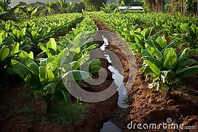 Recently established young banana plantation thriving in beautiful tropical landscape Stock Photo