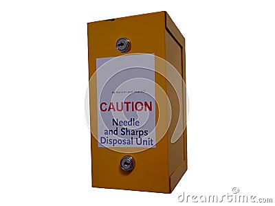 A receptacle for the disposal of needles and sharps Stock Photo