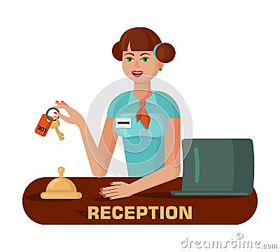 Reception and accommodation service. Beautiful girl, young woman administrator at reception gives room keys to hotel guest Vector Illustration