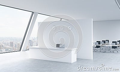 Reception area with clocks and workplaces in a bright modern open space loft office. White tables. New York panoramic view in the Stock Photo