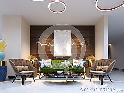 Reception area and lounge area with beautiful colored furniture, a sofa with two armchairs, metal legs and soft upholstery. The Stock Photo