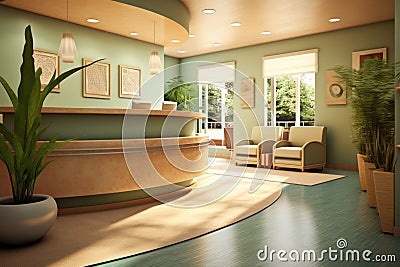 reception area of a wellness center, with aloe vera motifs, natural materials, and a soothing color palette, conveying a sense of Stock Photo