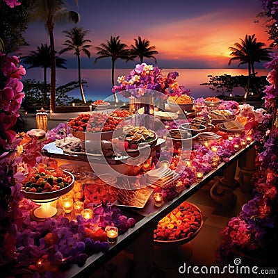 Reception Buffet Against Mesmerizing Sunset Stock Photo