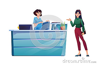 Reception at clinic, woman talking to receptionist Vector Illustration