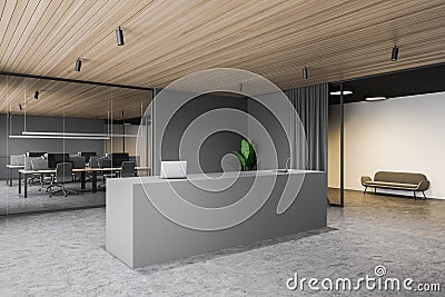Reception desk in grey open space office with sofa Stock Photo