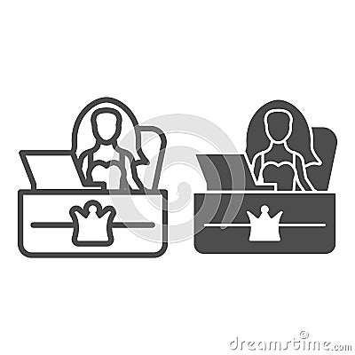 Reception desk line and glyph icon. Secretary office vector illustration isolated on white. Girl employer outline style Vector Illustration