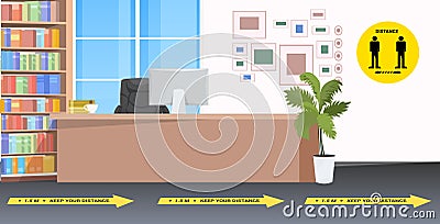 Reception desk with signs for social distancing yellow stickers coronavirus epidemic protection Vector Illustration