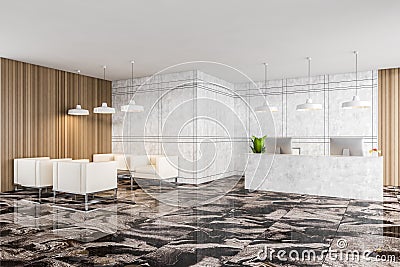 Reception hall with armchairs and desk with computers, marble and tiled design Stock Photo