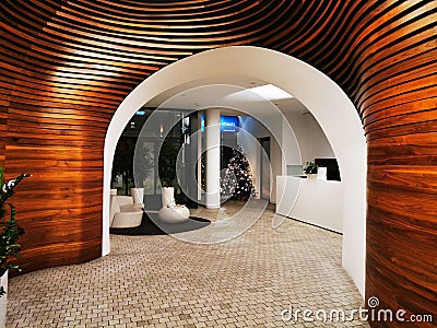 Reception hall with futuristic interior and harmonious brown and white colours Editorial Stock Photo