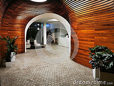 Reception hall with futuristic interior and harmonious brown and white colours Editorial Stock Photo