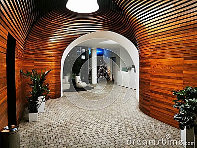 Reception hall with futuristic interior and harmonious brown and white colours Editorial Stock Photo