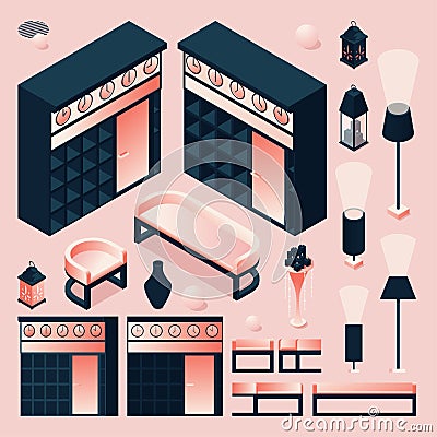 Reception hotel collection with pink and black lobby isometric furniture set Stock Photo