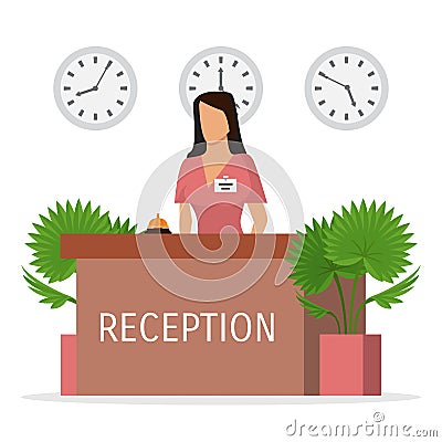 Reception of a hotel with woman receptionist vector illustration. Hall with receptionist at the desk. Young employee of Vector Illustration