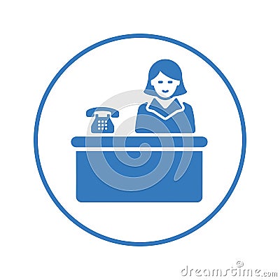 Reception, receptionist, desk, blue color, office, service icon Vector Illustration