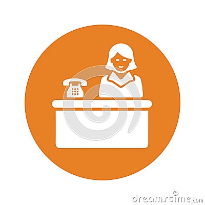 Reception, receptionist, orange color, lobby, office, service icon Stock Photo