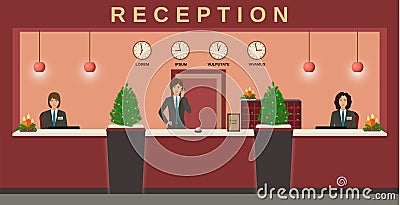Reception service. Hotel employees welcome guests on their workplace with christmas design. Vector Illustration