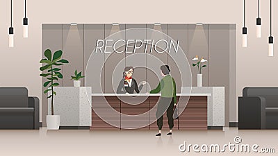 Reception service. Receptionist and customer in hotel lobby hall, people travelling. Business office flat vector concept Vector Illustration