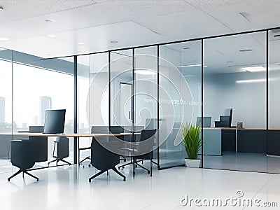 Reception table with two laptops and conference room with glass walls generated Ai. Stock Photo