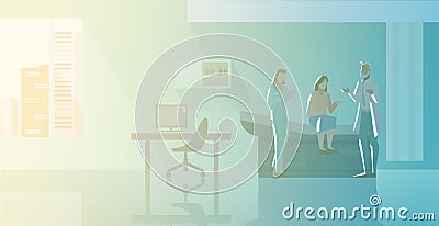 Reception at Therapist Orthopedist doctor`s office Flat vector illustration. Doctor with Nurse talking with Patient Vector Illustration