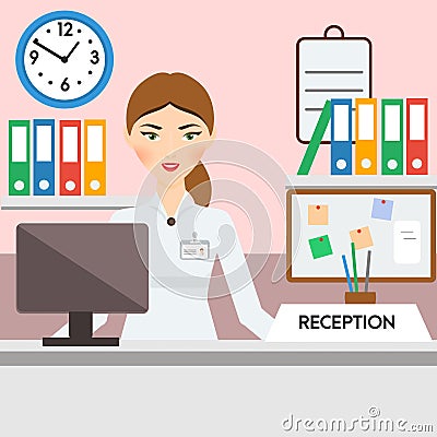 Receptionist, administrator, manager female. Friendly smiling woman on reception Vector Illustration