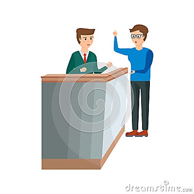Receptionist serves client, gives him the key to hotel room. Vector Illustration