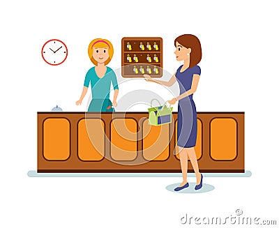 Receptionist serves client, gives him the key to hotel room. Vector Illustration