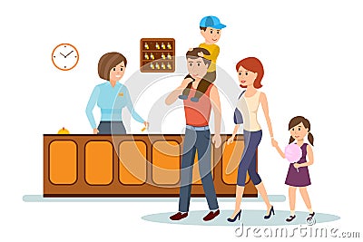 Receptionist serves family, advice, gives them keys to hotel room. Vector Illustration