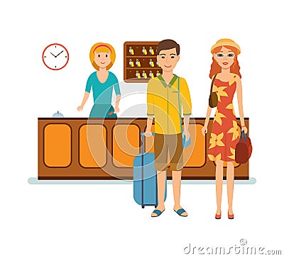 Receptionist serves family, advice, gives them keys to hotel room. Vector Illustration