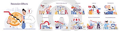 Recession effects set. Significant, widespread, and prolonged economic Vector Illustration