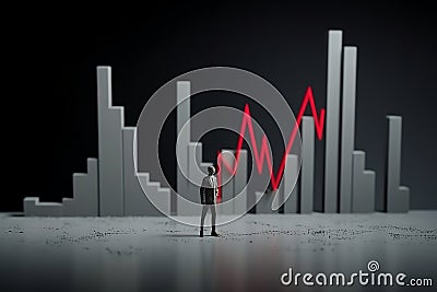 a Miniature Figure of Businessman Looking at a Red Graph Arrow Down Generative AI. Stock Photo