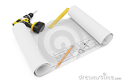 Rechargeable Cordless Drill, Pencil, Ruller and Compass Drawing Stock Photo