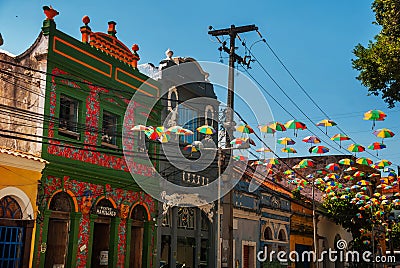 RECIFE, PERNAMBUCO, BRAZIL: colorful umbrellas on the street Editorial Stock Photo