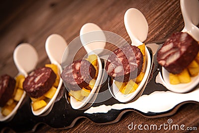 RECIPE FOR BLACK PUDDING WITH BUTTERED CANDIED APPLE Stock Photo