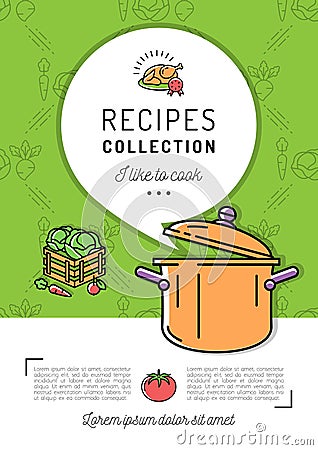 Recipe book Cover menu Cookbook A4 size. Boiling pot, Steam icon, Speech bubble with space for text Vector Illustration