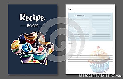 Recipe book template. Watercolor cupcakes. Cook book. Stock Photo