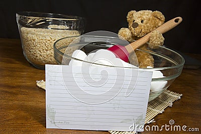 Recipe Card with Baking Bear Making Cereal Treats Stock Photo
