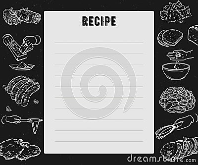 Recipe card. Cookbook page. Design template with hands preparing meals, kitchen utensils and appliances. Vector Illustration